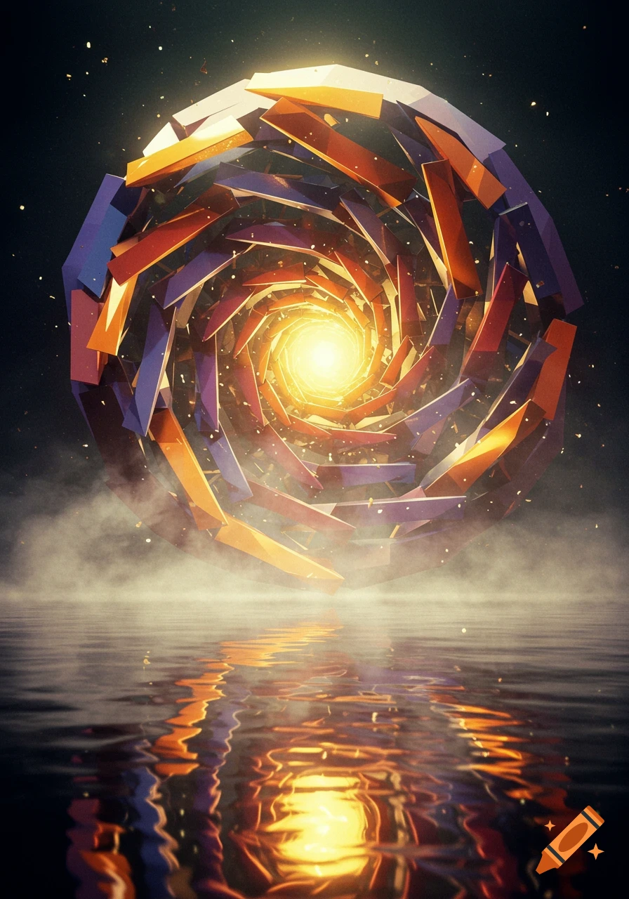 A glowing, swirling abstract sphere made of orange, purple, and gold geometric shards reflects on a misty water surface.