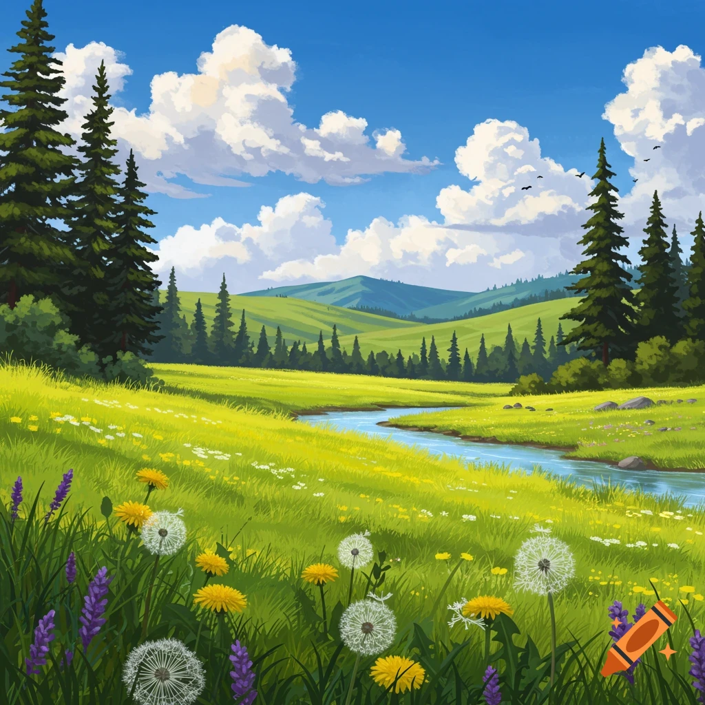An illustrated vibrant landscape with a winding river, green hills, pine trees, and wildflowers under a blue sky.