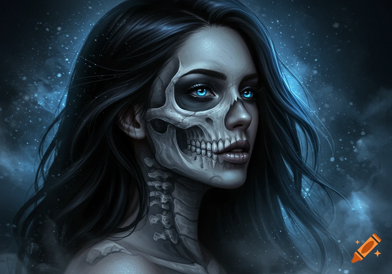 Digital painting of a woman with long dark hair and bright blue eyes, half her face depicted as a skull, against a dark, misty background.