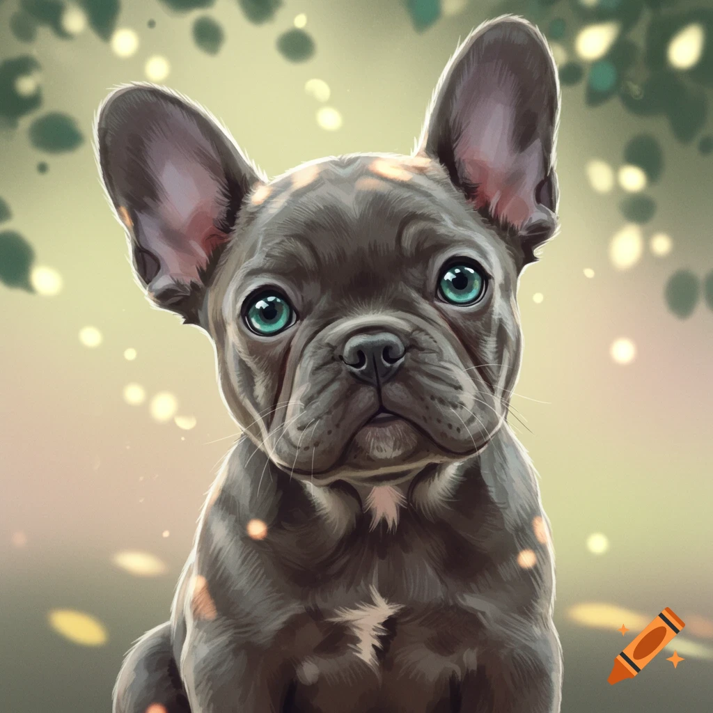 A cute dark grey French bulldog puppy with bright blue-green eyes looks up, with a soft, bokeh background.