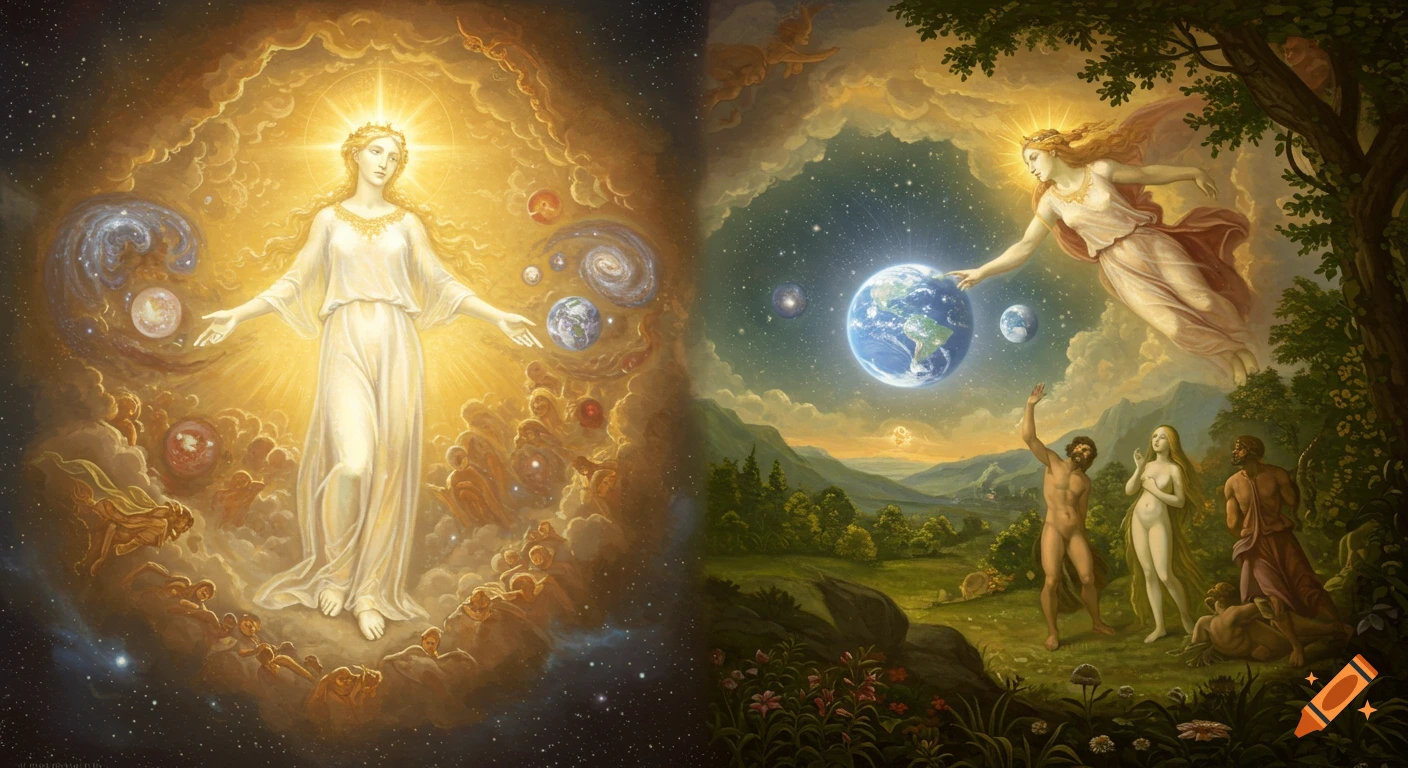 High Renaissance style painting of a goddess creating the cosmos, planets, and Adam and Eve in the Garden of Eden.