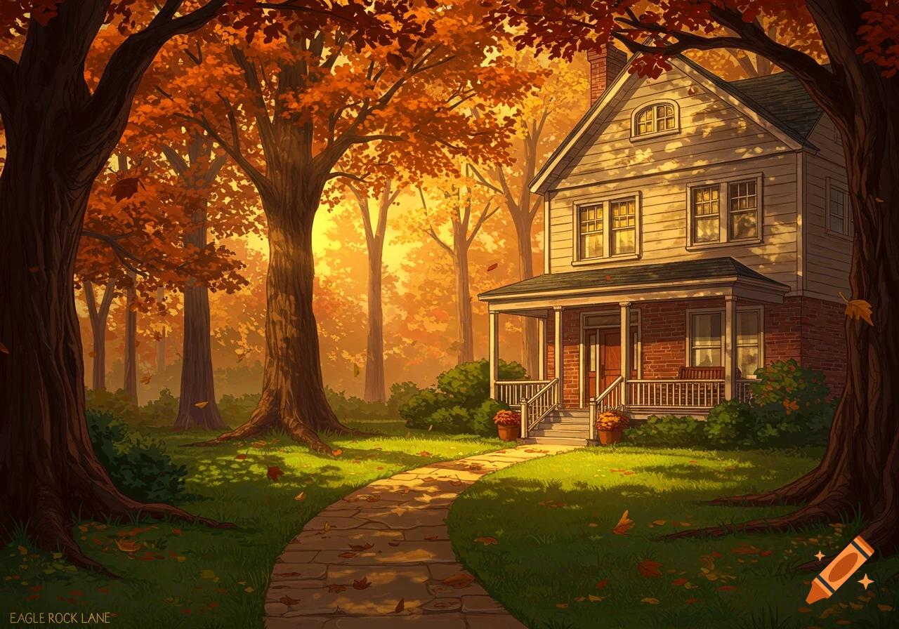 An idyllic two-story house with a front porch nestled among vibrant orange and yellow autumn trees, with a stone path leading up to it.