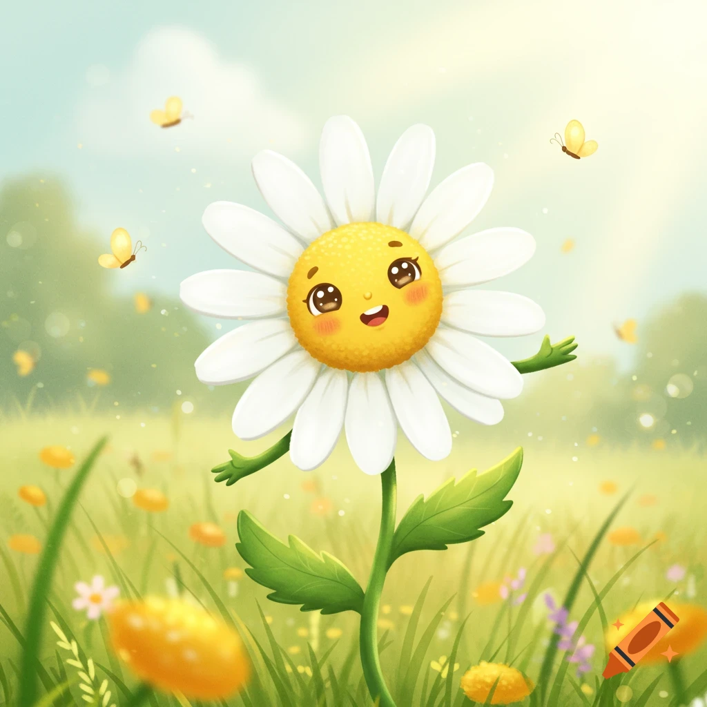 A cute, smiling cartoon daisy with leafy arms stands in a sunny field with butterflies.