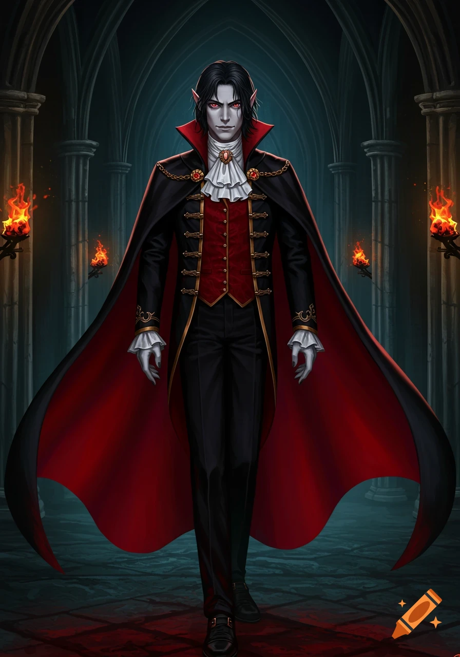 A tall vampire with black hair, red eyes, and pale skin wearing a black and red cape and suit stands in a gothic castle hallway.