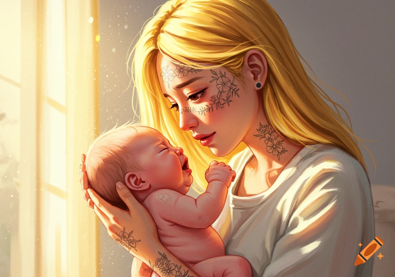 Stylized digital art of a blonde woman with floral tattoos holding a crying newborn baby in warm light.