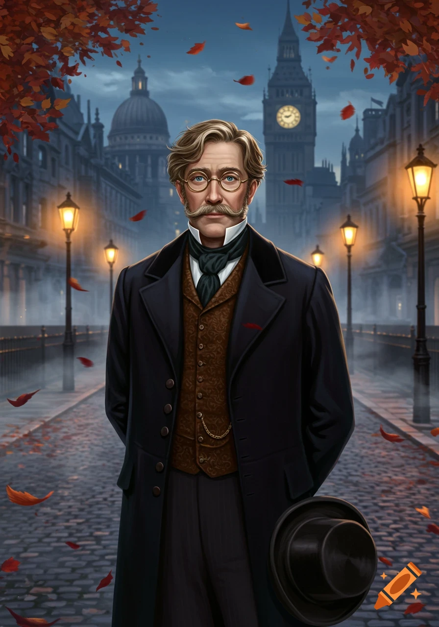 Distinguished Victorian gentleman in a suit and top hat stands on a London cobblestone street with autumn leaves and Big Ben.