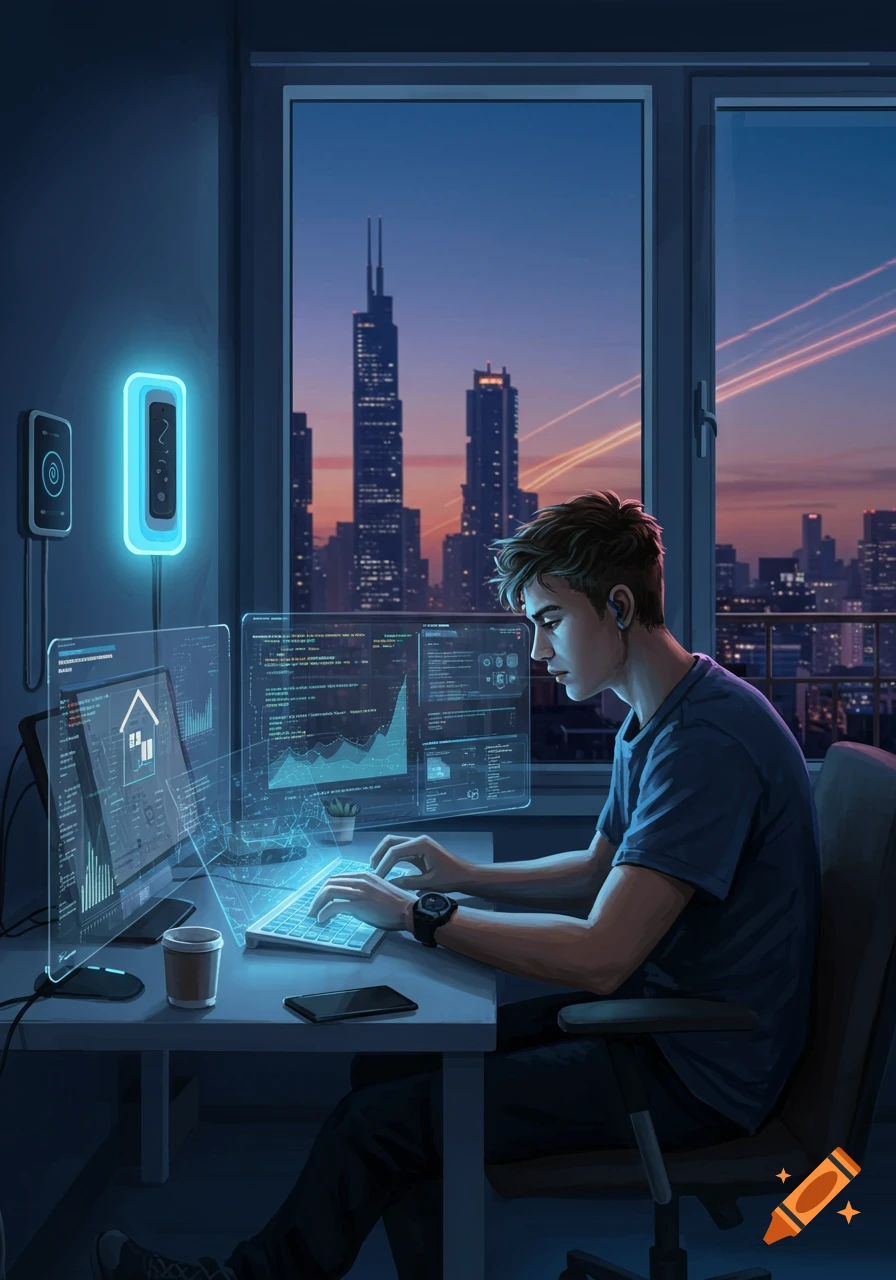 A young man programs on glowing transparent screens at a desk with a city skyline visible through the window at dusk, digital art.