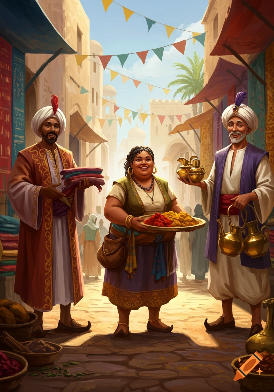 Three smiling merchants in an Arabian marketplace: a man holds fabrics, a woman carries a tray of spices, and another man displays brass jugs.