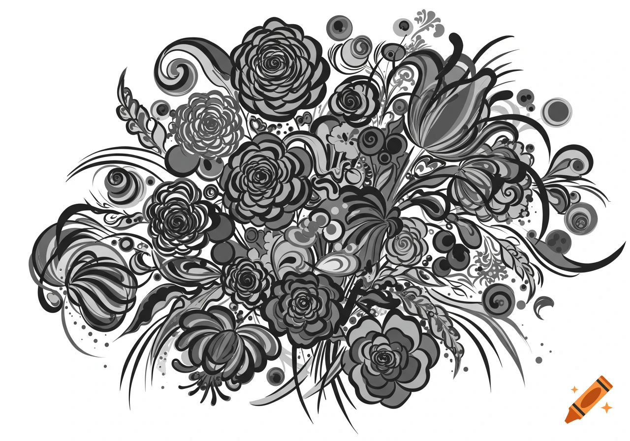 A detailed, monochrome, stylized abstract floral bouquet with various flowers and swirling patterns on a white background.