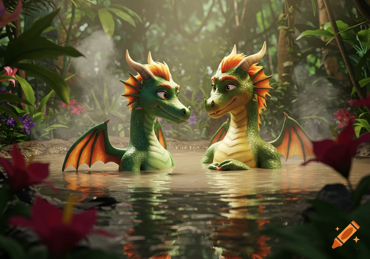 Two cartoonish green dragons with orange crests and wings relax happily in a muddy hot tub in a lush jungle.