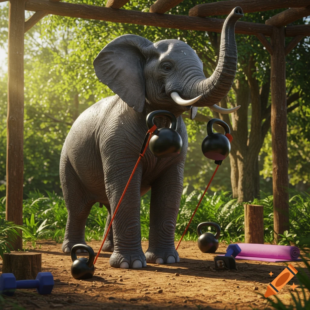 A photorealistic elephant with raised trunk stands among kettlebells, dumbbells, and a yoga mat in a sunlit jungle clearing.