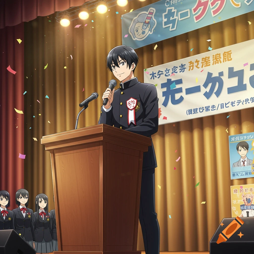 An anime-style male student with black hair, wearing a dark school uniform with a red and white ribbon, speaks into a microphone at a wooden podium on a stage. Confetti falls around him, and other female students in uniforms are visible in the background. Banners with Japanese text hang on the stage backdrop.