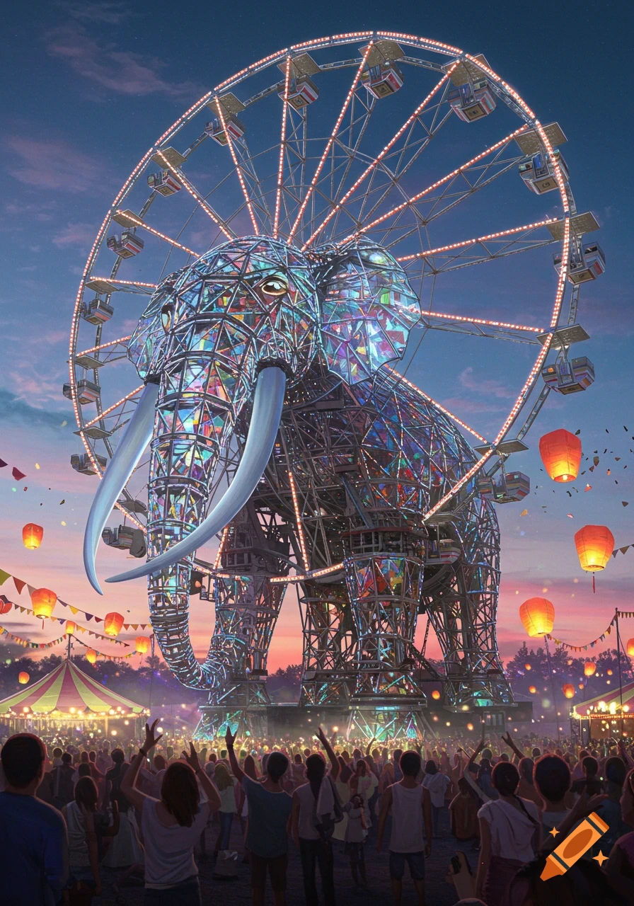 A giant, colorful crystalline elephant sculpture and a lit Ferris wheel tower over a lively festival crowd with lanterns at dusk.