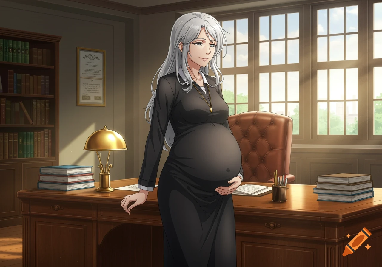 Anime-style heavily pregnant woman with graying hair, leaning on a principal's office desk.