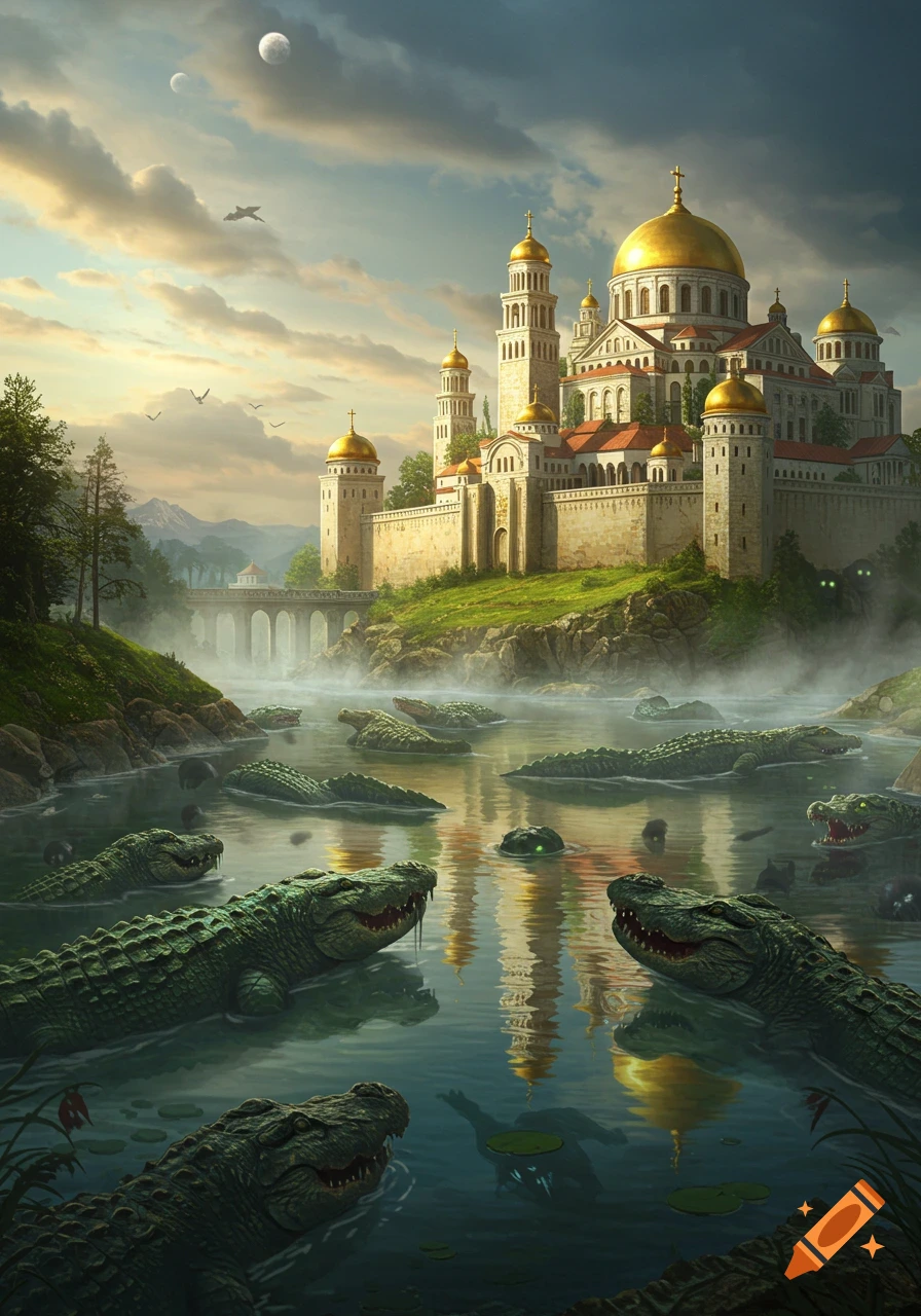 A grand Byzantine-style castle with golden domes overlooks a misty moat teeming with alligators, some with glowing eyes, under a dramatic sky.