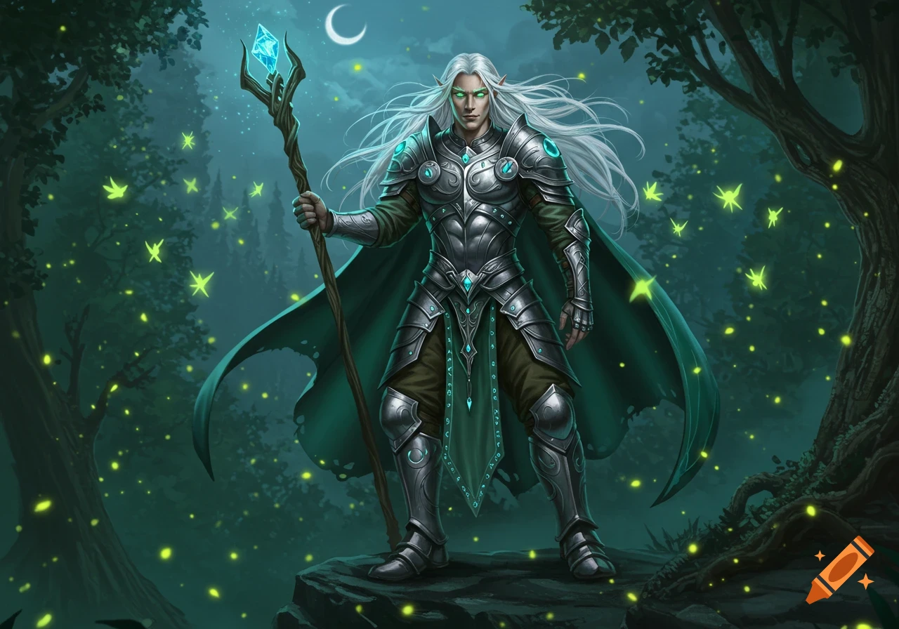 A male elf warrior in elaborate silver and teal armor holds a glowing staff in a magical forest at night with fireflies and a crescent moon.