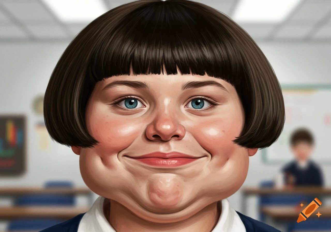 Close-up, stylized illustration of a child with a bowl cut, blue eyes, and exaggerated double chin, smiling in a classroom setting.