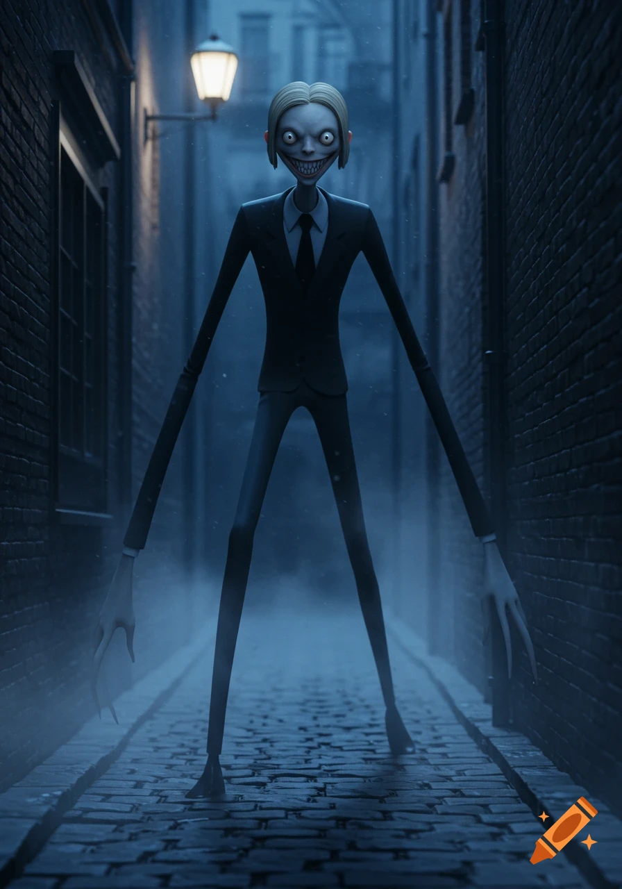 A tall, pale, slender creature with bugged eyes and a wide, toothy grin wears a suit in a dark, misty alley lit by a single lamppost.