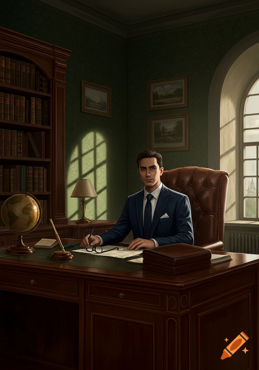 A serious man in a dark suit sits at a large wooden desk in a traditional office, holding a pen.