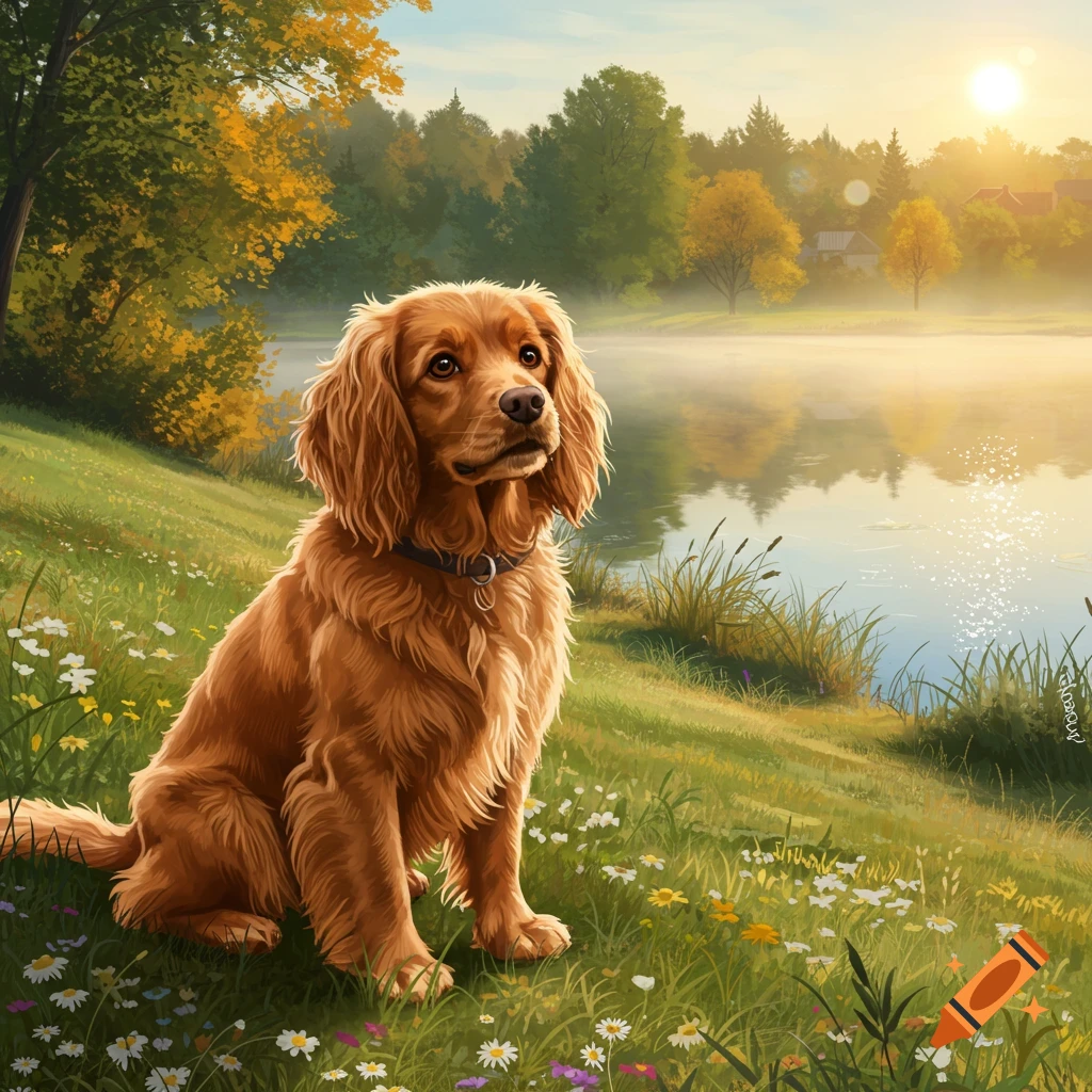 A golden-brown dog sits on a grassy bank with wildflowers next to a misty lake at sunrise, surrounded by autumn trees.