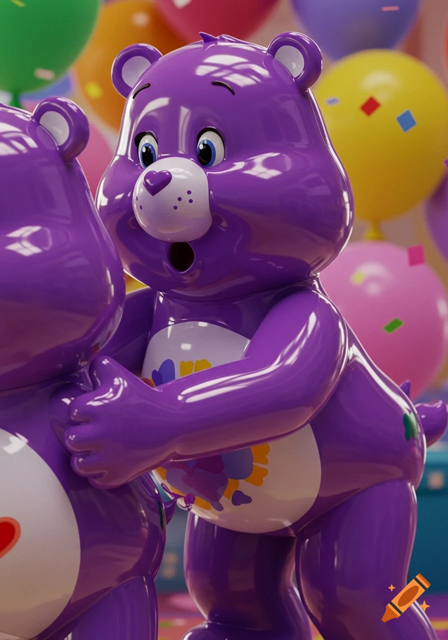 Shiny purple Care Bear with a shocked expression pushing another Care Bear amidst colorful balloons.