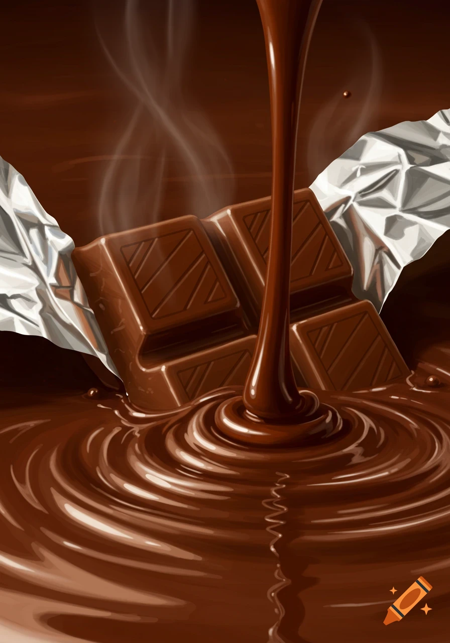 An illustrative close-up of a chocolate bar emerging from a pool of melted, dark chocolate, with a stream of chocolate pouring down.