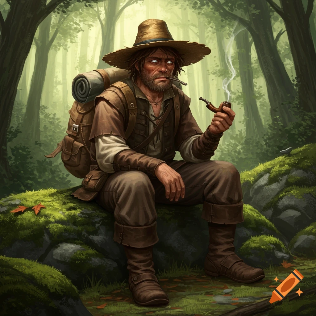 A bearded man with a straw hat and backpack sits on a mossy rock in a forest, smoking a pipe. Illustration.