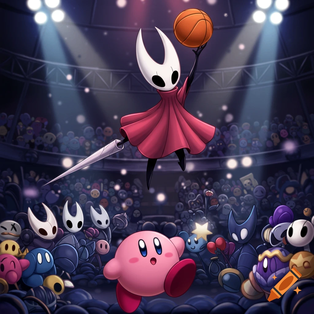 Hornet from Hollow Knight dunks a basketball over Kirby in a vibrant, cartoon stadium with a large crowd.
