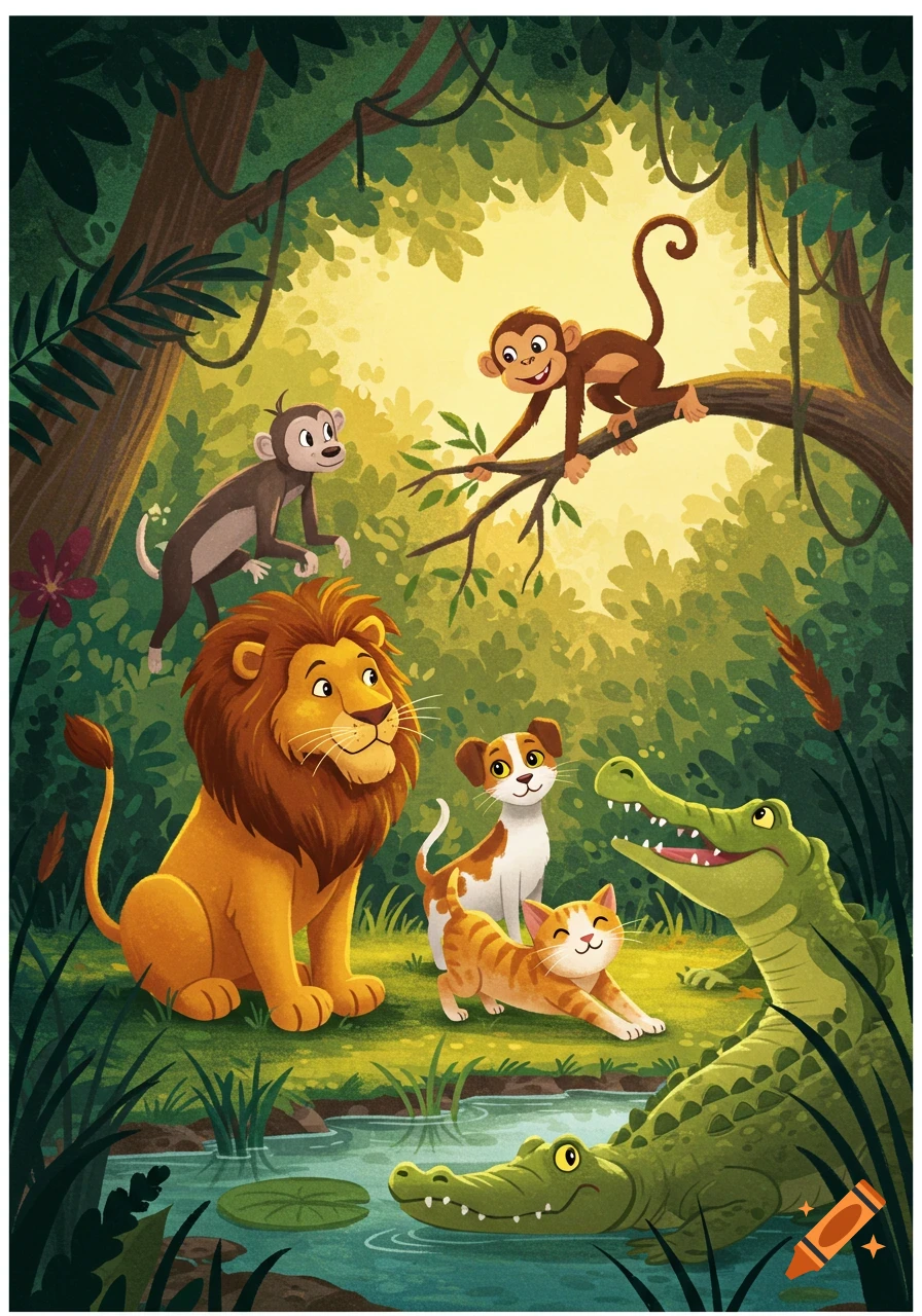 Cartoon lion, dog, cat, two monkeys, and two alligators happily in a vibrant jungle with a pond, in a children's book style.