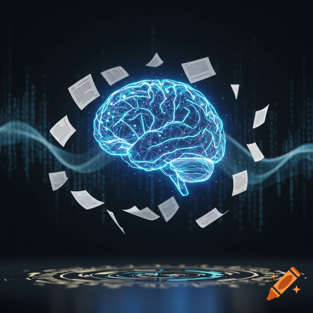 A glowing blue wireframe brain surrounded by floating documents and digital data streams, symbolizing AI and document summarization.