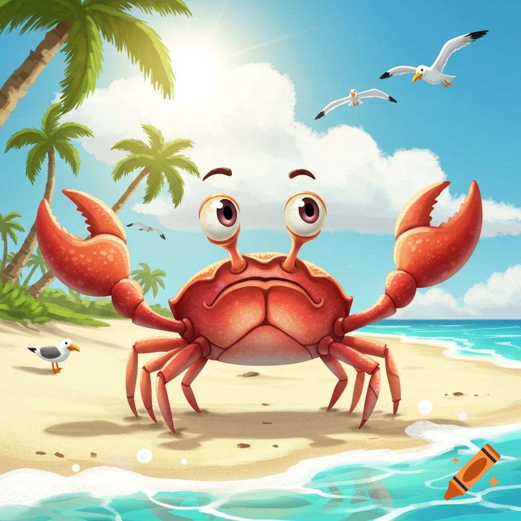 A grumpy red cartoon crab stands on a sunny beach with palm trees and seagulls.