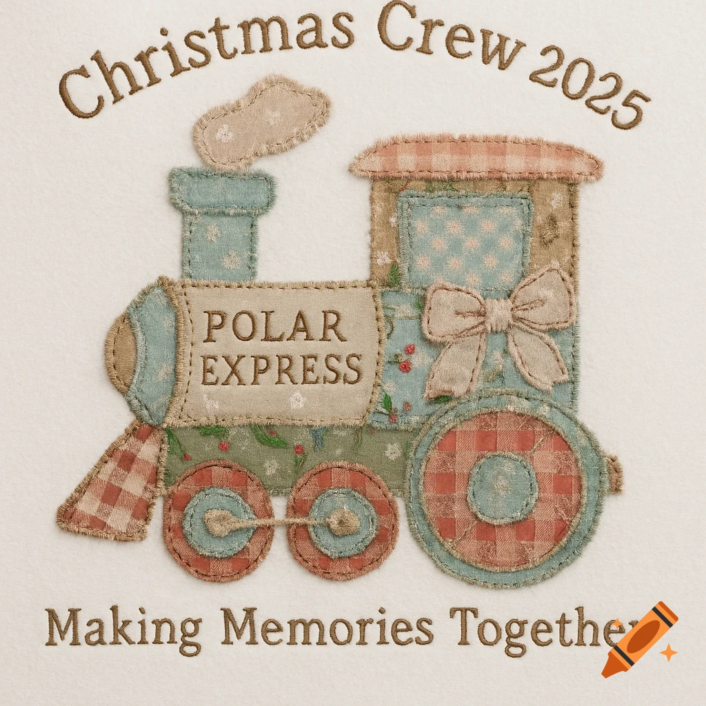 Quilted patchwork Christmas train with 'POLAR EXPRESS', 'Christmas Crew 2025', and 'Making Memories Together' text on a white background.