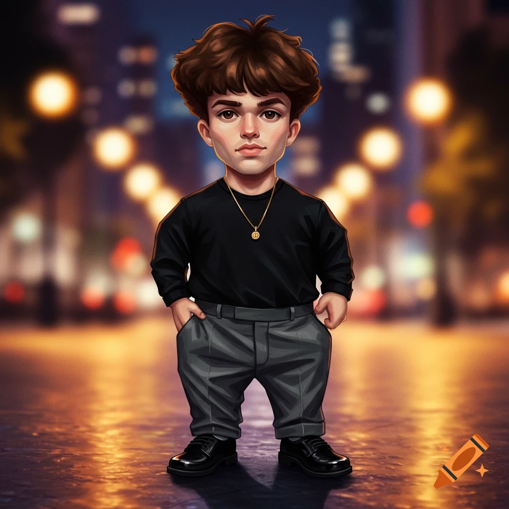 Cartoonish short man with brown fluffy hair in a black shirt and gray pants, gold chain, standing on a wet street at night.