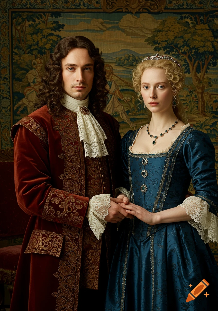 A photorealistic baroque portrait of a man in a red coat and a woman in a blue gown, standing against a tapestry.