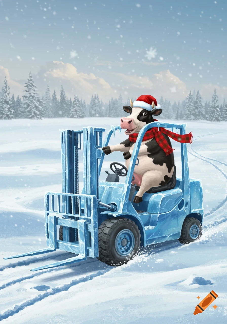 A cartoon cow wearing a Santa hat and plaid scarf drives an icy blue forklift through a snowy winter landscape with pine trees.