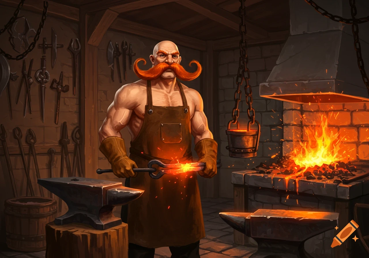 A bald, muscular blacksmith with a large orange mustache holds glowing metal with tongs in a fiery fantasy forge.