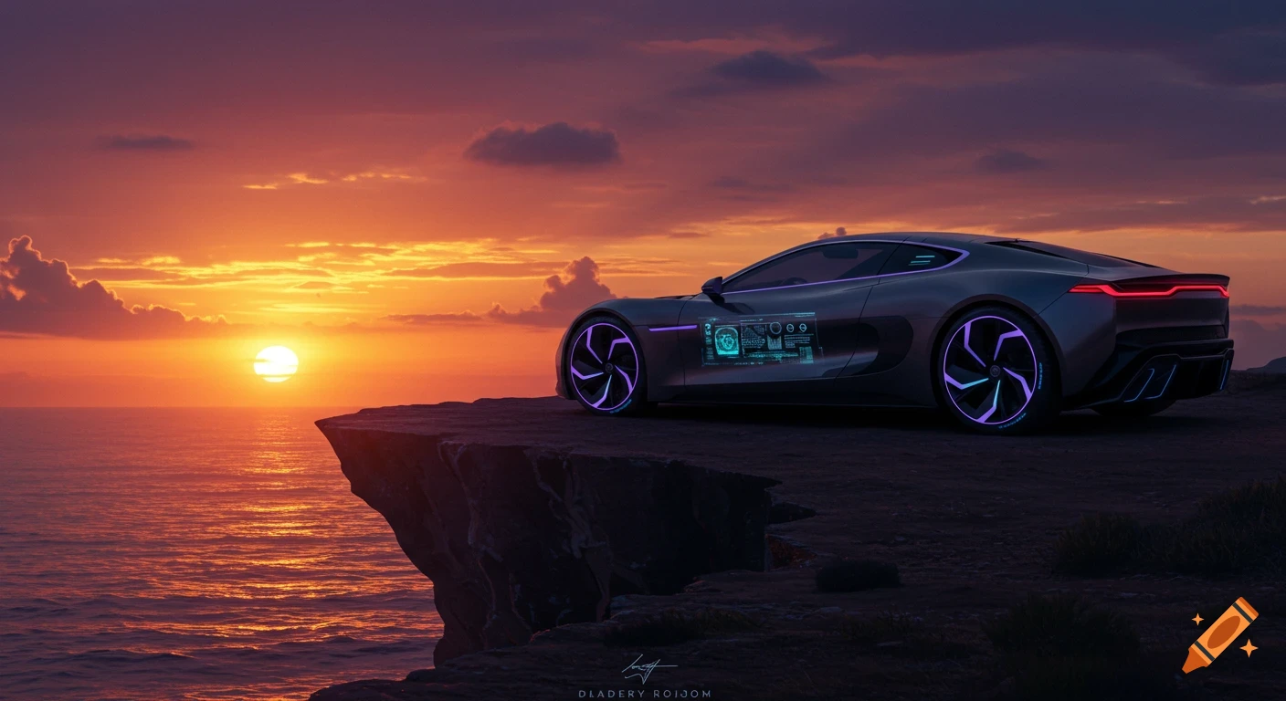 A sleek futuristic car with glowing wheels on a cliff overlooking the ocean at sunset.