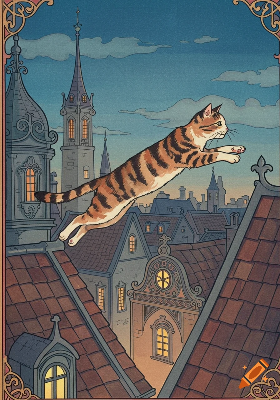 A side view illustration of an orange tabby cat mid-leap between two tiled rooftops of an old European city at dusk, in a Jugendstil style.
