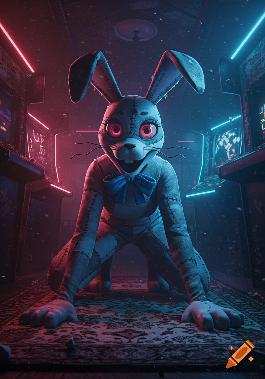 Vanny, a stitched bunny animatronic with glowing red eyes and a blue bow, crouches in a dark, neon-lit arcade.