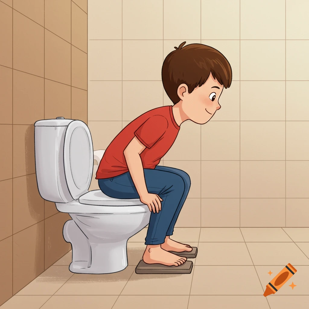 A cartoon boy in a red shirt and blue pants squats on a toilet with feet on footrests in a tiled bathroom.