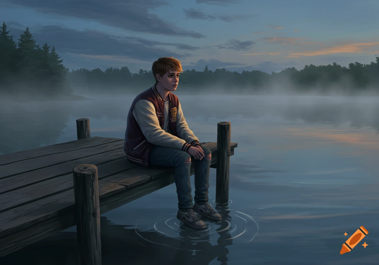 A sad-looking young boy in a varsity jacket and ripped jeans sits on a wooden dock with his feet dangling in a foggy lake at dusk.