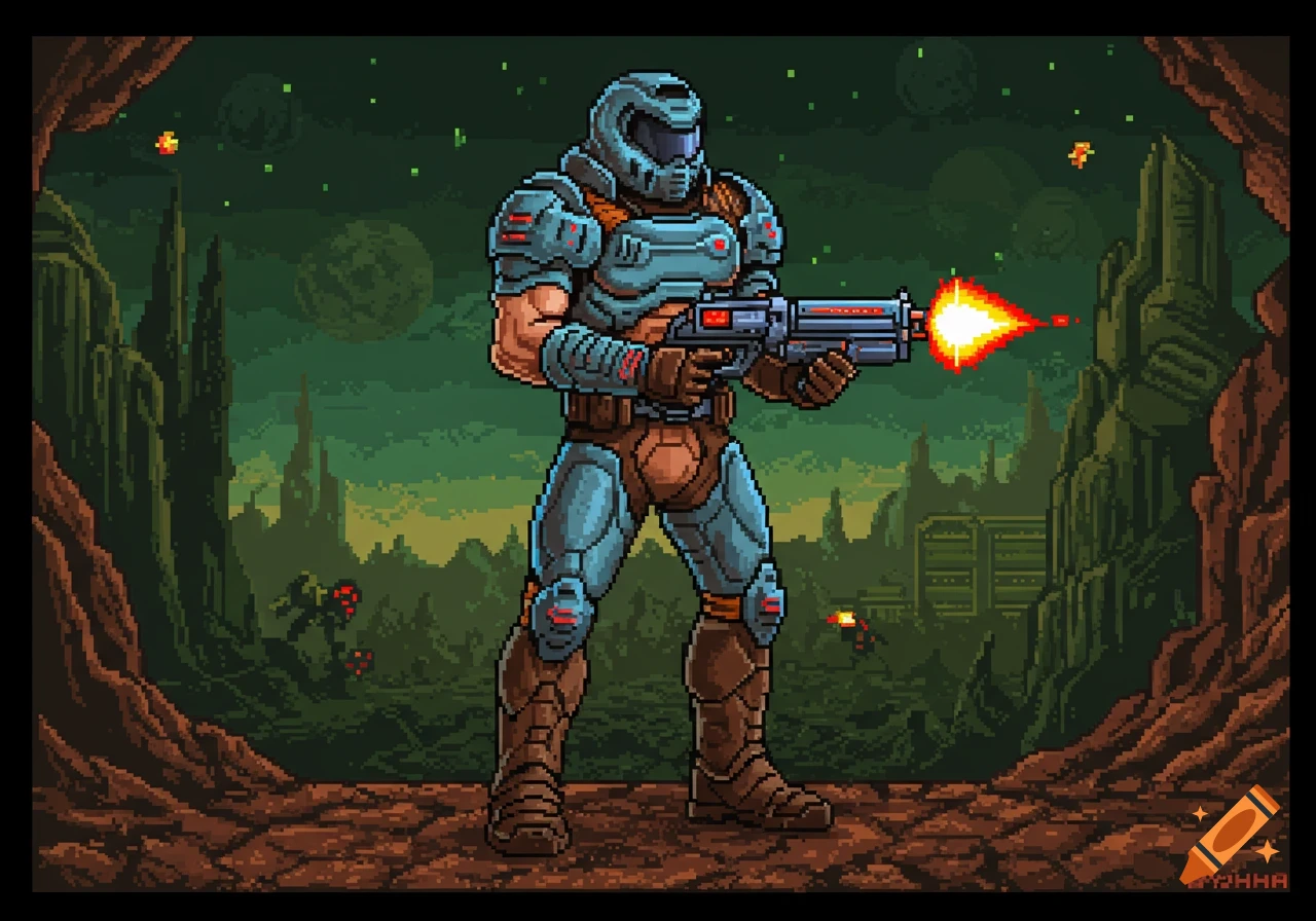 A pixel art Doom soldier in armor fires a gun on an alien planet.