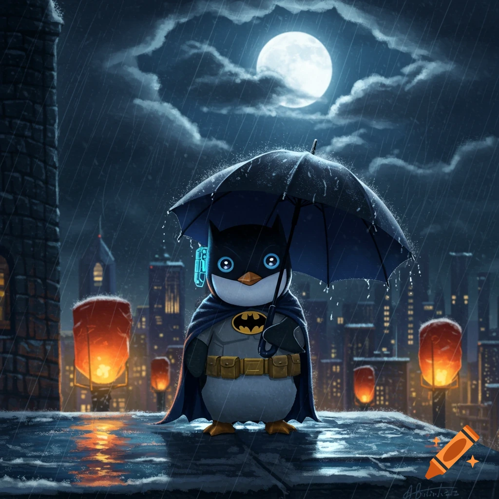 A cute penguin in a Batman costume holds an umbrella on a rainy city rooftop at night with a full moon.