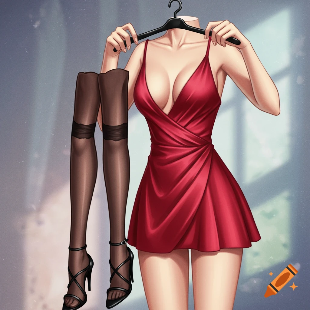 Headless anime-style female torso in a red mini dress holds black stockings and stiletto heels, with detached legs wearing them.