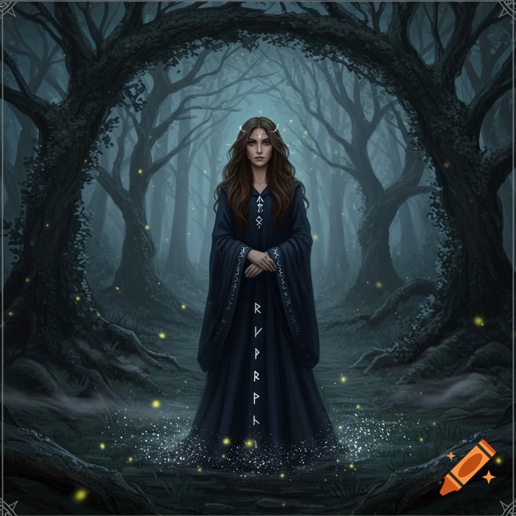 A woman with long brown hair, wearing a dark blue dress adorned with glowing runes, stands in a mystical, dark forest with fireflies, in an ethereal digital painting style.