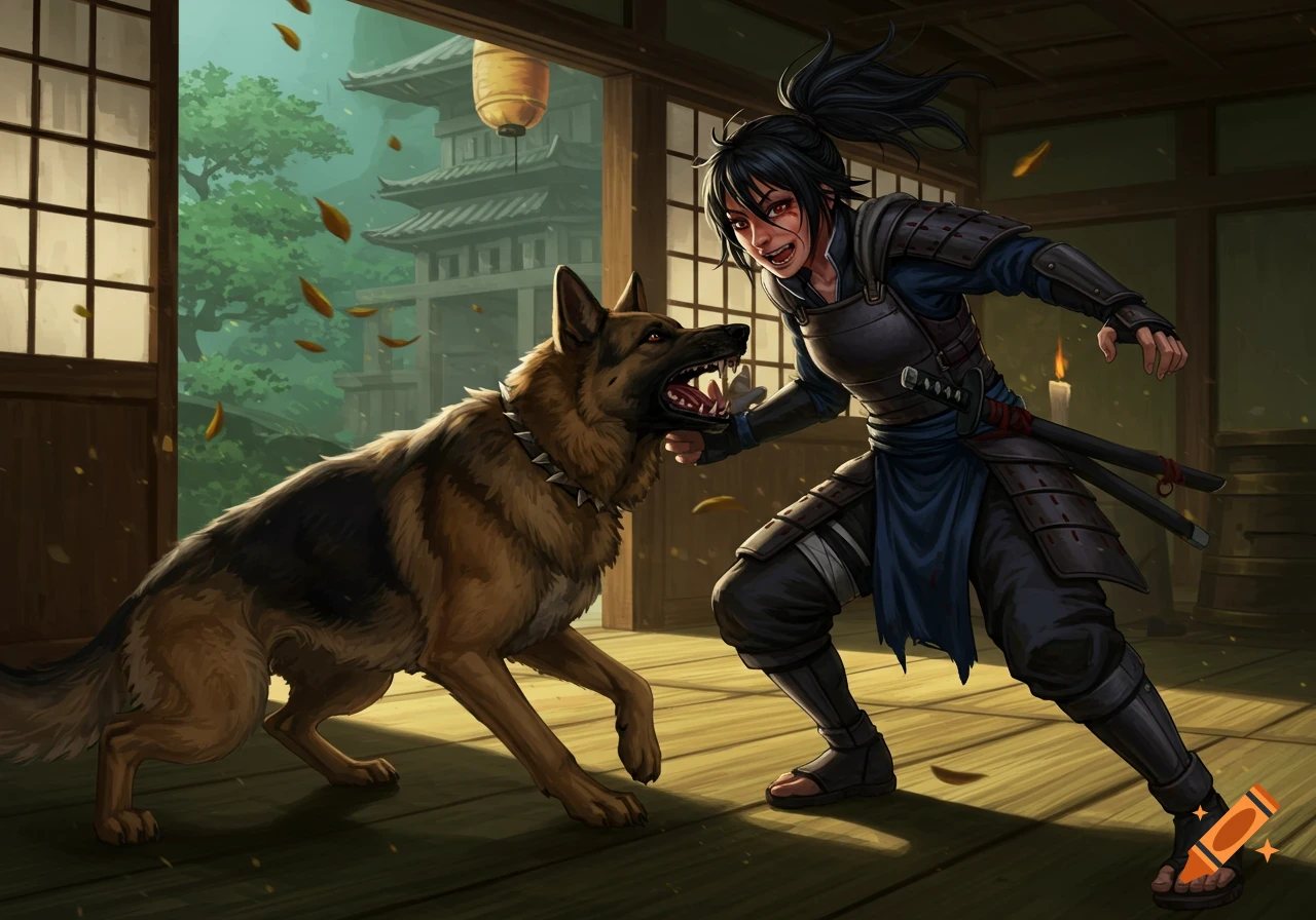A female shinobi battles an aggressive German Shepherd inside a traditional Japanese house as leaves fall.