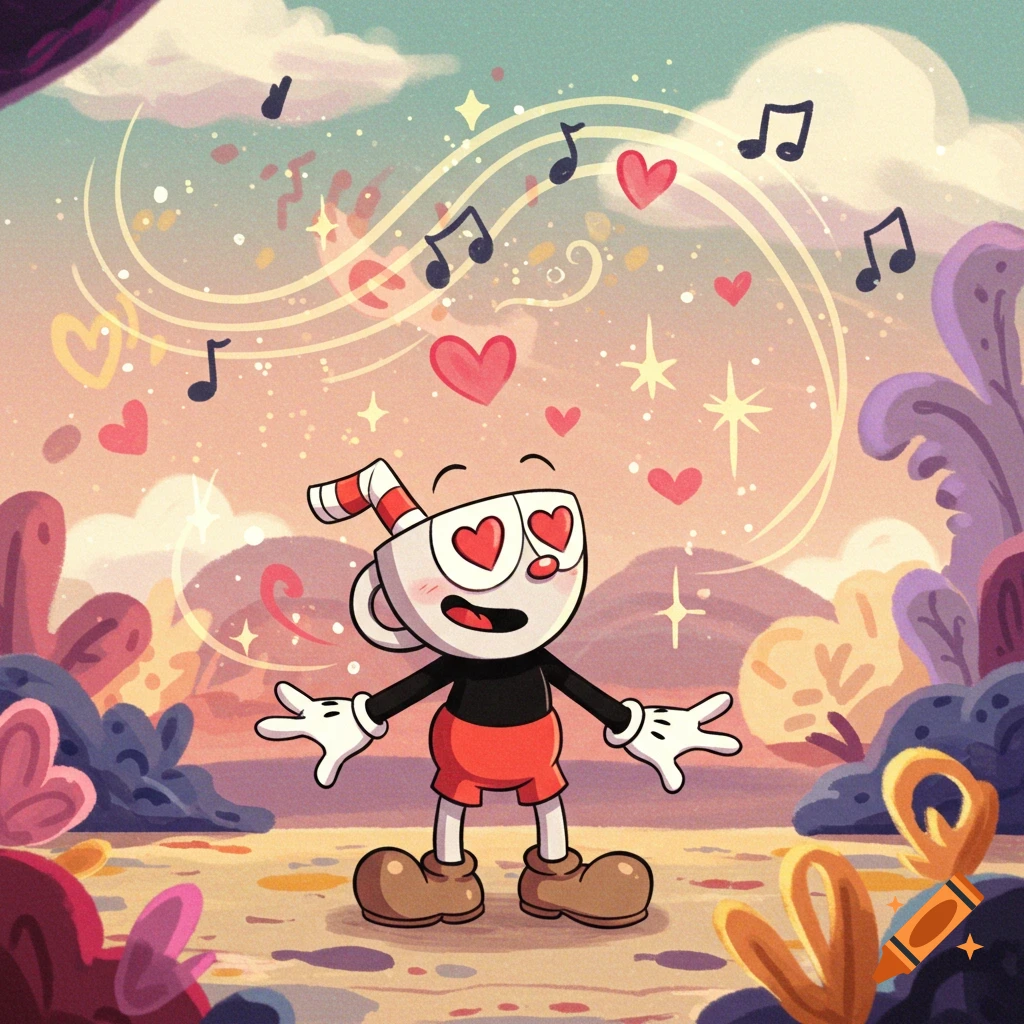 Cuphead with hearts for eyes and musical notes floating around him in a whimsical landscape, looking enamored.
