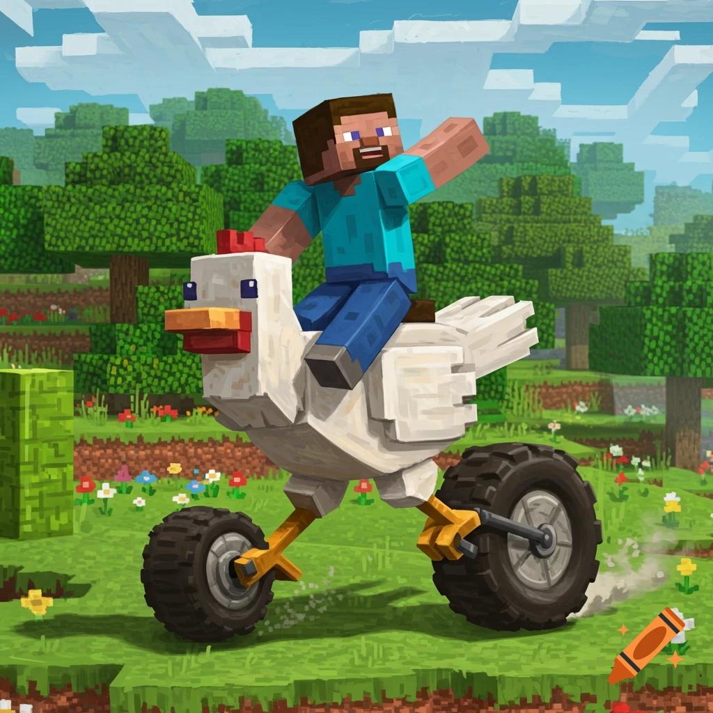 Minecraft Steve riding a white chicken with bicycle wheels on a grassy, blocky landscape.
