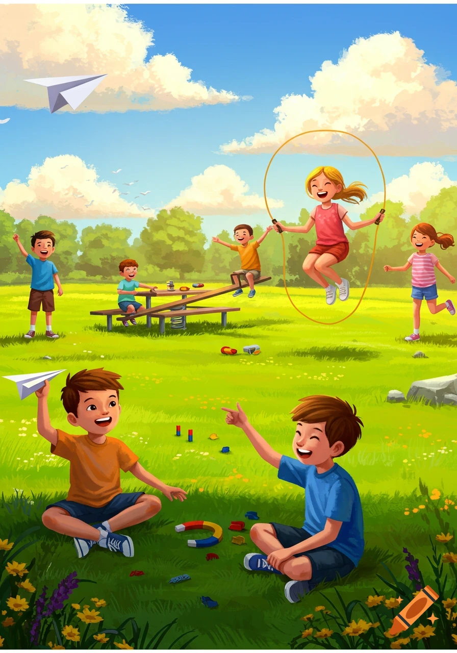 Six cheerful children play in a sunny park with paper airplanes, a jump rope, a seesaw, and magnets in a vibrant illustration.