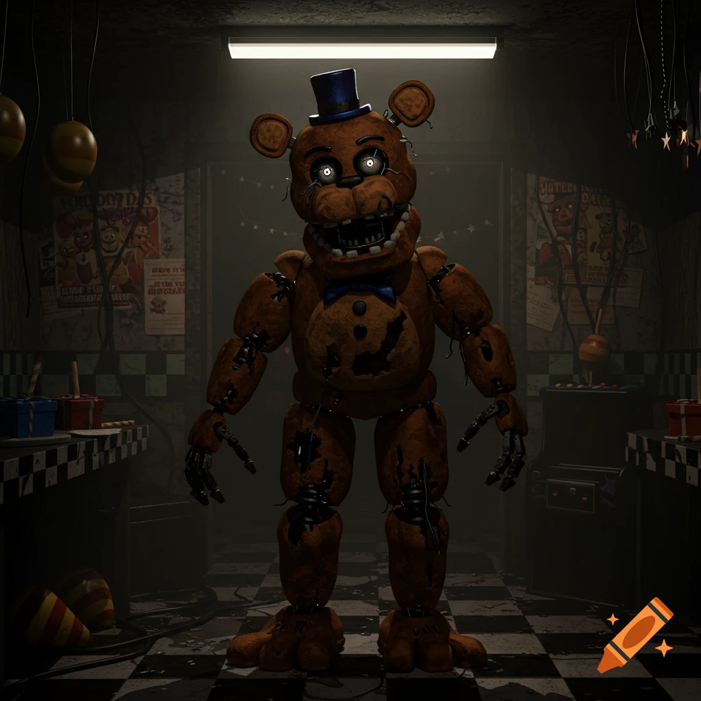 A worn-out Withered Freddy animatronic with glowing eyes stands in a dimly lit, messy backroom.